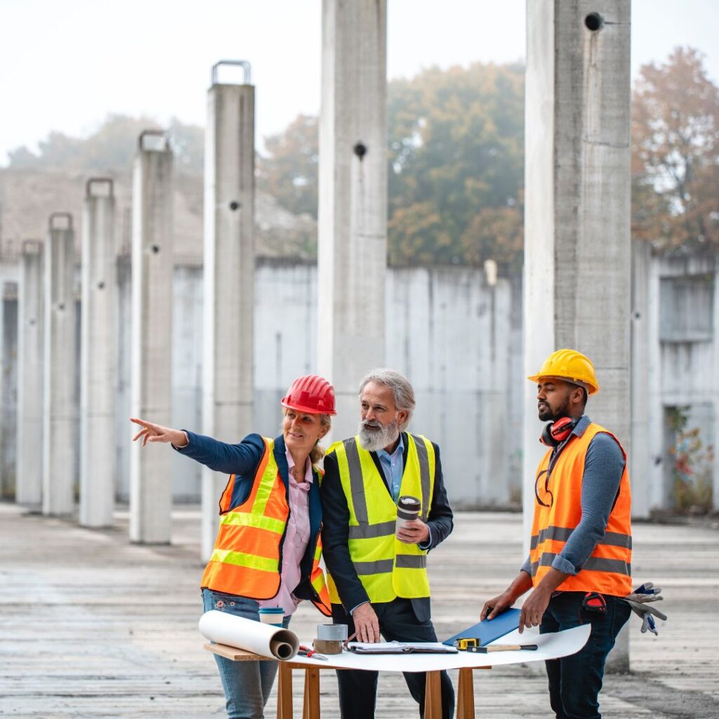 Commercial contractors examining existing conditions as-built documentation for field coordination