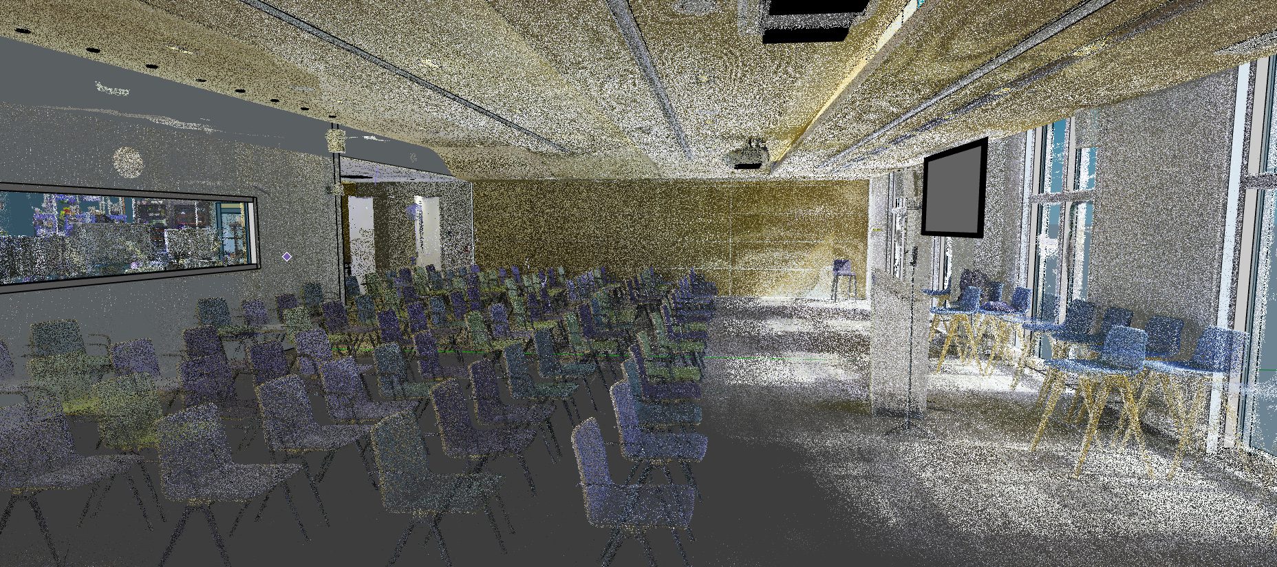 3D point cloud of a corporate conference room created from LiDAR scanning for as-built documentation and BIM modeling.