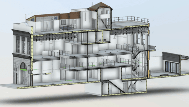 Section view of a San Francisco office building BIM model created from 3D laser scanning for accurate as-built documentation.