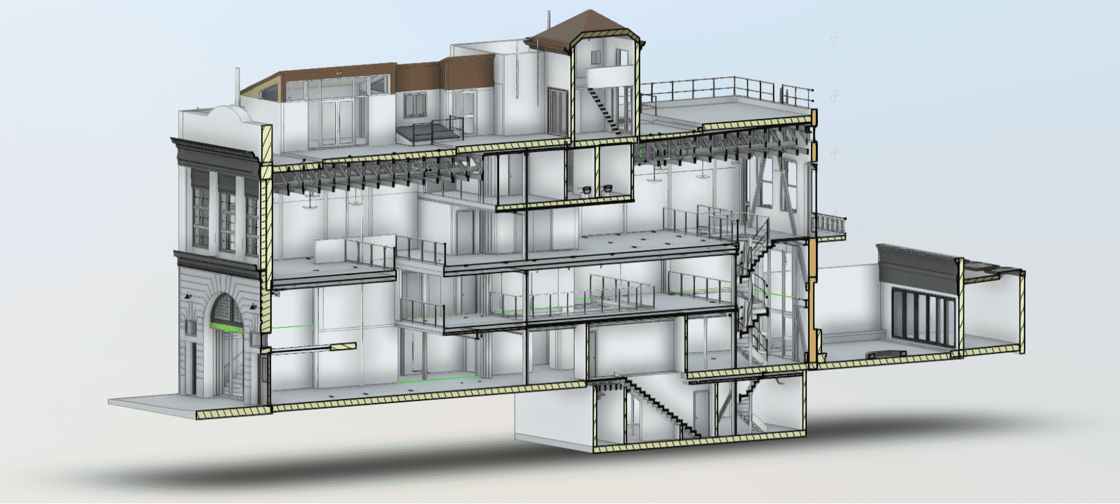 Section view of a San Francisco office building BIM model created from 3D laser scanning for accurate as-built documentation.