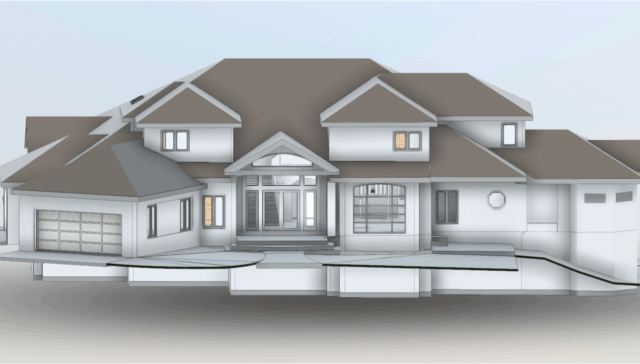 Front elevation of a home BIM model created from 3D laser scanning for accurate as-built documentation and architectural visualization.