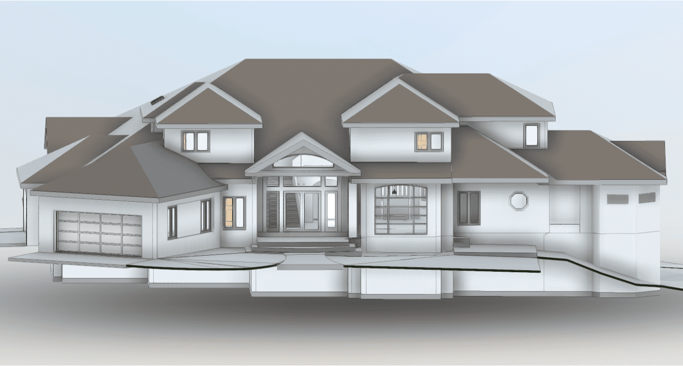 Front elevation of a home BIM model created from 3D laser scanning for accurate as-built documentation and architectural visualization.