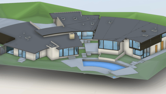 Isometric view of a modern home BIM model in Los Angeles created from 3D laser scanning for accurate as-built documentation and visualization.
