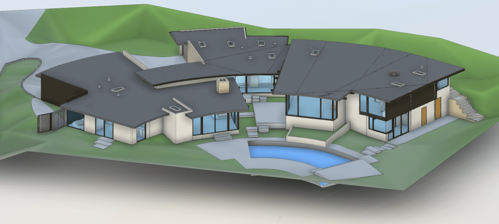 Isometric view of a modern home BIM model in Los Angeles created from 3D laser scanning for accurate as-built documentation and visualization.