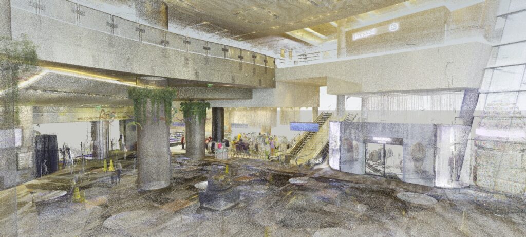3D laser scanning point cloud of hotel lobby captured for commercial as-built documentation and BIM modeling