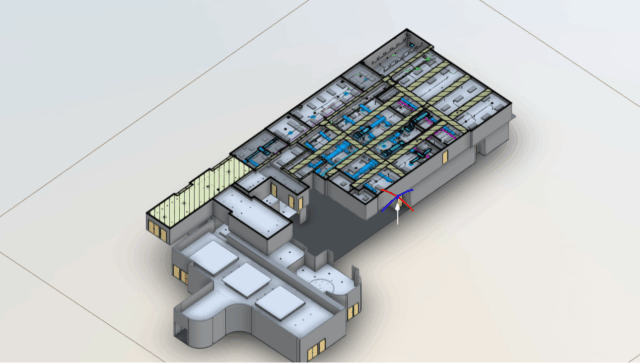 BIM model of a multi-level office building displaying reflected ceiling plan and MEP layouts captured from LiDAR 3D scanning.