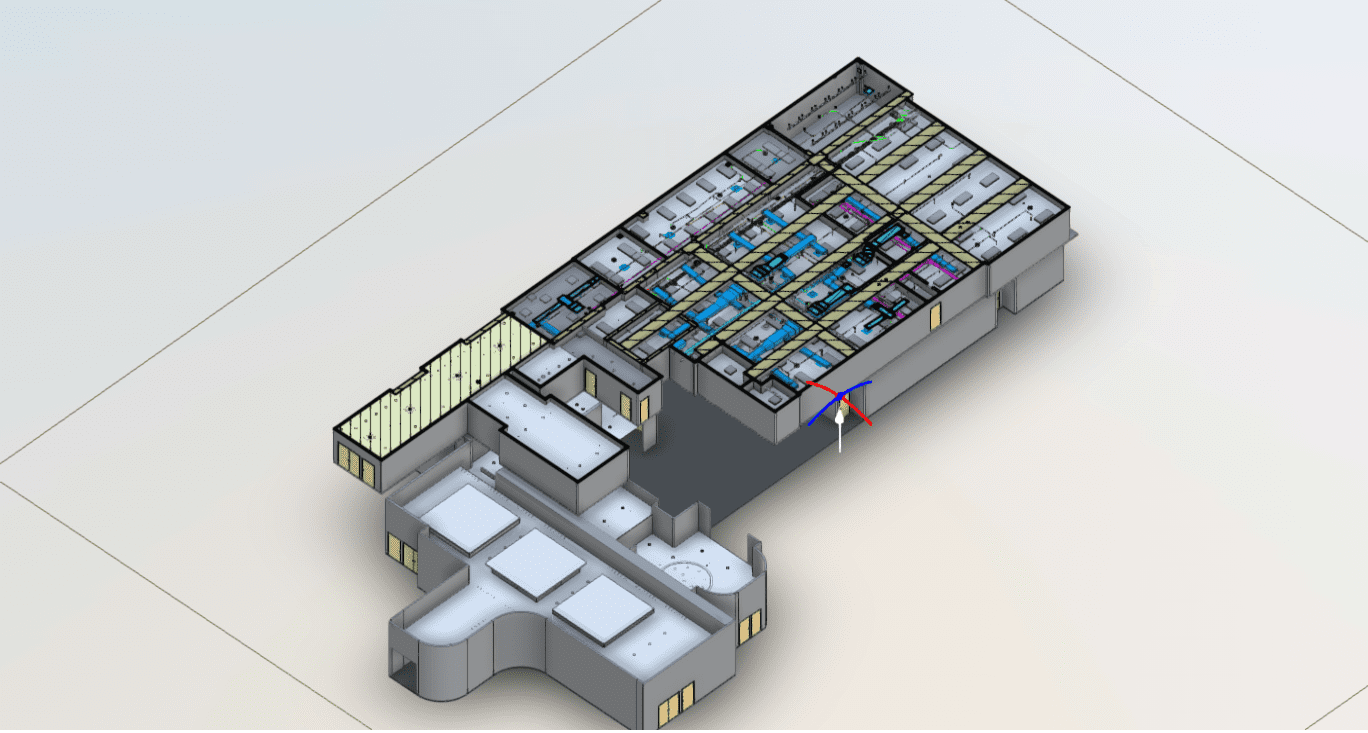 BIM model of a multi-level office building displaying reflected ceiling plan and MEP layouts captured from LiDAR 3D scanning.