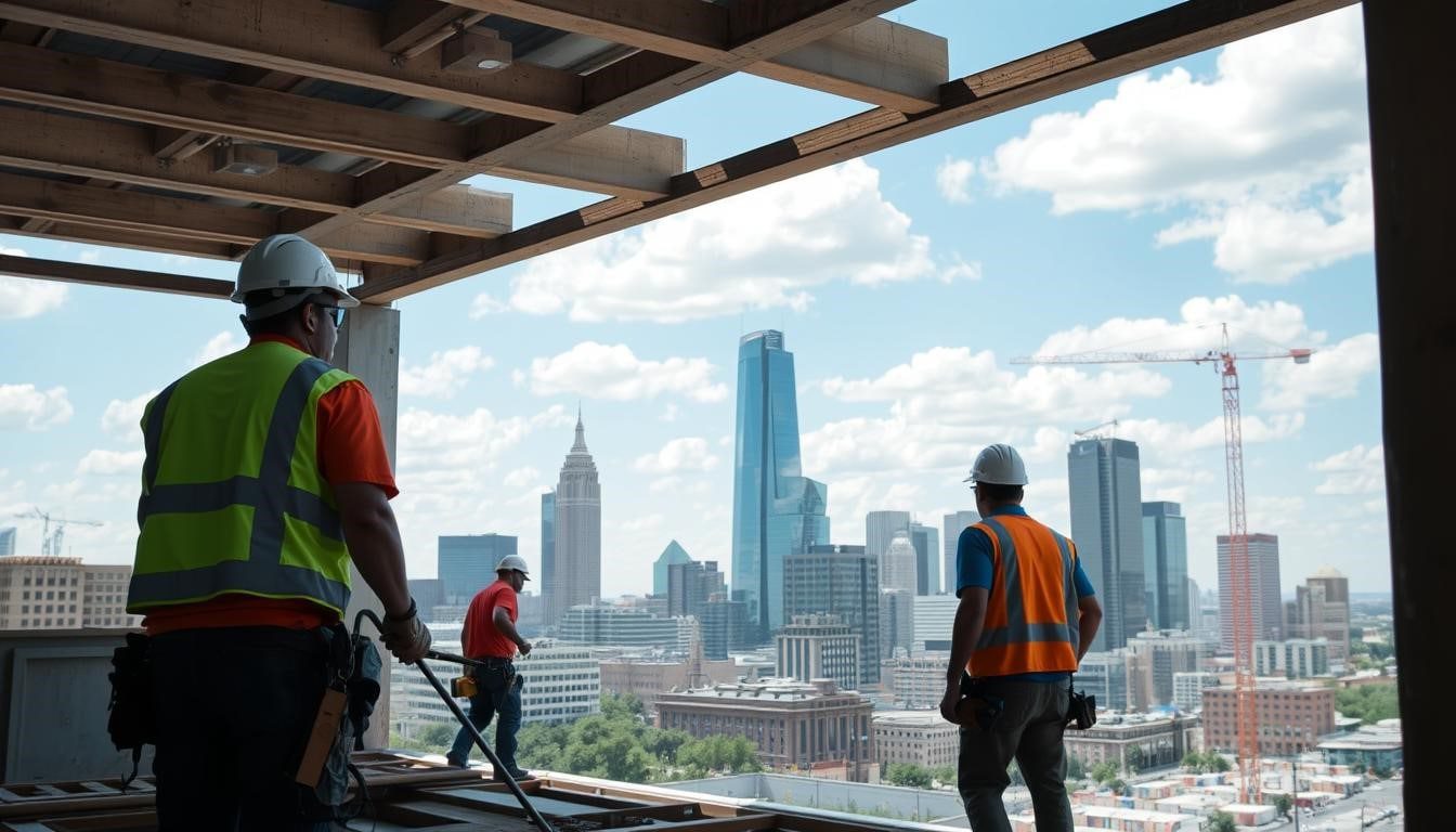 3D laser scanning a construction site in Austin, TX with the city skyline in the background.