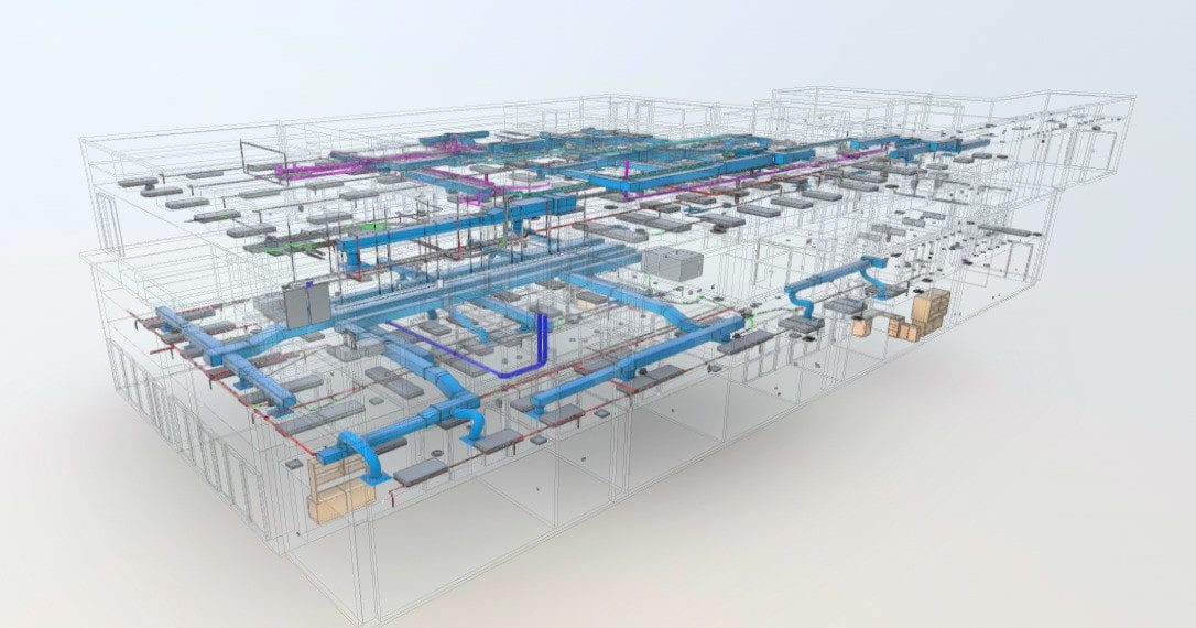 BIM model of MEP systems above the ceiling in Denver created from 3D laser scanning.