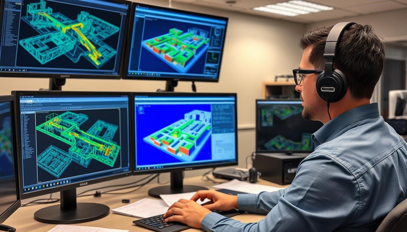Drafter working on a BIM model created from 3D laser scan data for as-built documentation.
