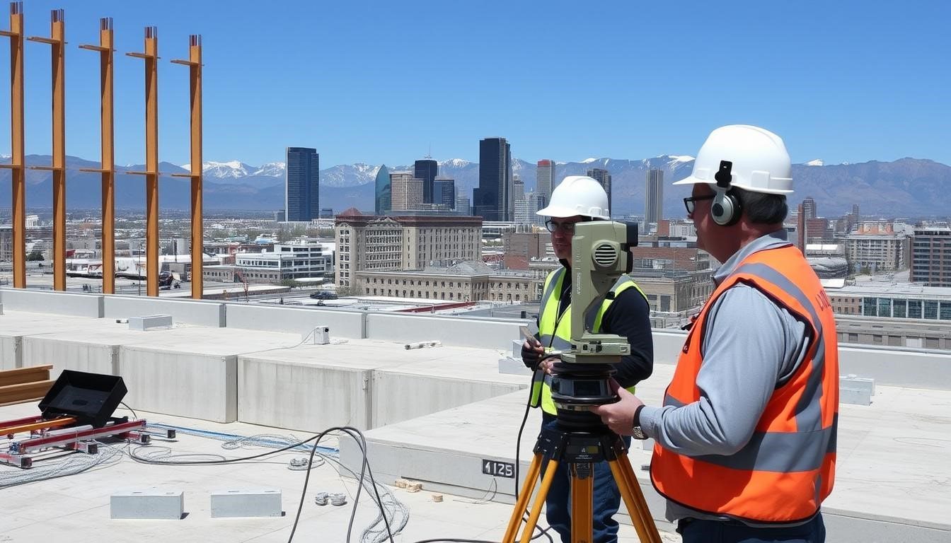 3D laser scanning a site with the Salt Lake City skyline in the background for accurate as-built documentation.