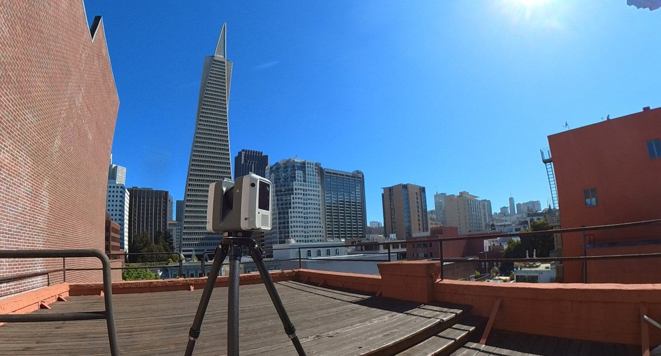 3D laser scanning on a rooftop patio in San Francisco for accurate as-built documentation.
