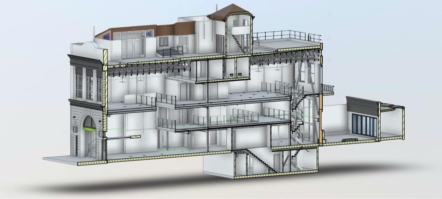 BIM model section through office space created from 3D laser scanning for as-built documentation.