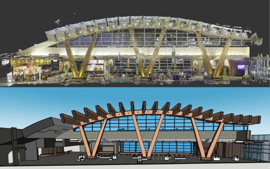 Las Vegas hotel lobby BIM model compared to 3D laser scanning point cloud for commercial as-built documentation
