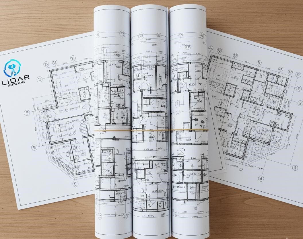 2D CAD as-built drawing plans created from LiDAR 3D laser scanning for accurate architectural documentation.