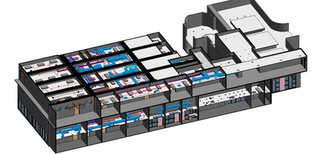 BIM model showing MEP systems above the ceiling captured from 3D laser scanning for as-built documentation.