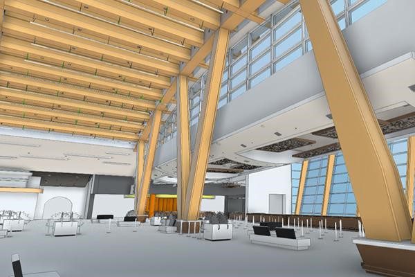 3D laser scanning BIM model of large commercial interior structure with exposed ceiling and structural elements