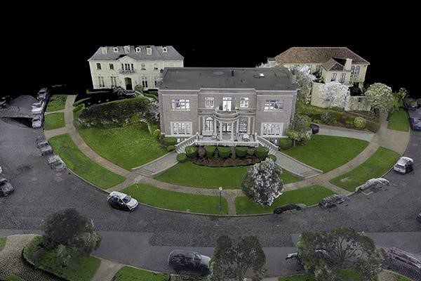 High-density point cloud capture of a luxury home created using terrestrial laser scanning for accurate existing conditions documentation.