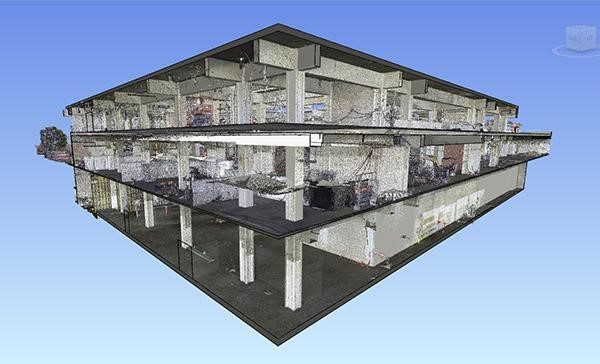 LiDAR point cloud of commercial building exterior showing millimeter-accurate scan data for point cloud to BIM workflow