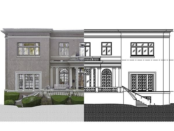 Point cloud to CAD conversion showing as-built floor plan drafted over registered scan data