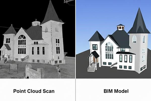 Point cloud to CAD conversion showing as-built floor plan drafted over registered scan data