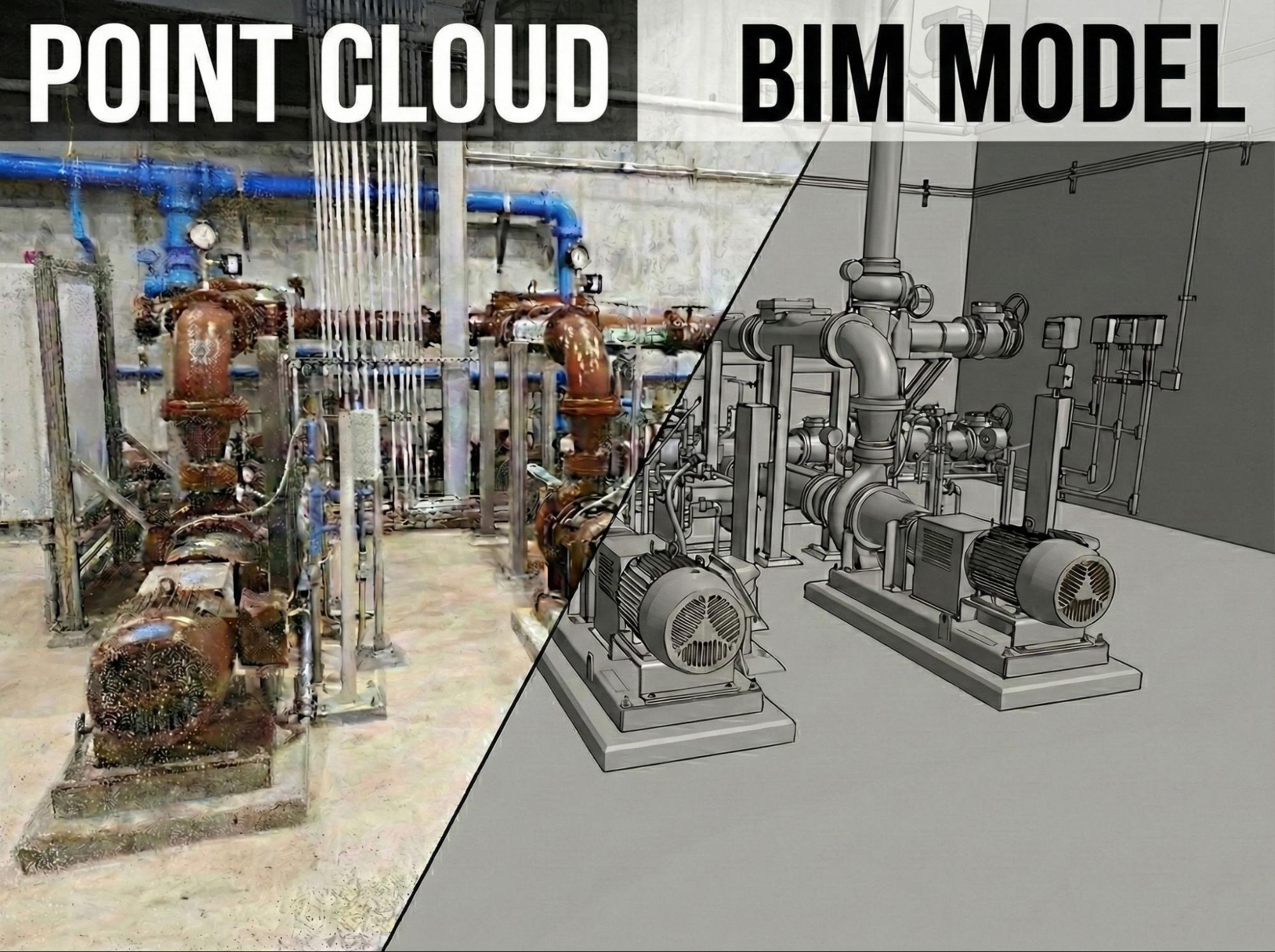 Side-by-side comparison of LiDAR point cloud and BIM model demonstrating scan-to-BIM accuracy, used for as-built documentation, renovation planning, and construction coordination