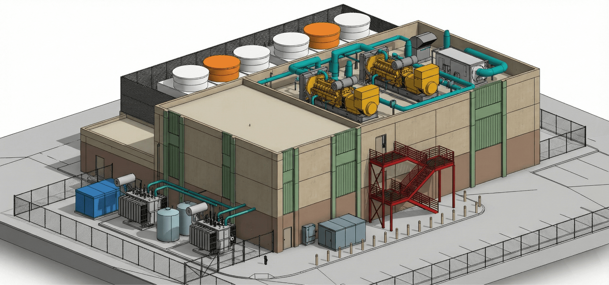 High-detail 3D BIM model of a power plant facility, showcasing complex piping systems, structural steel frameworks, and mechanical equipment integrated into a coordinated digital twin.