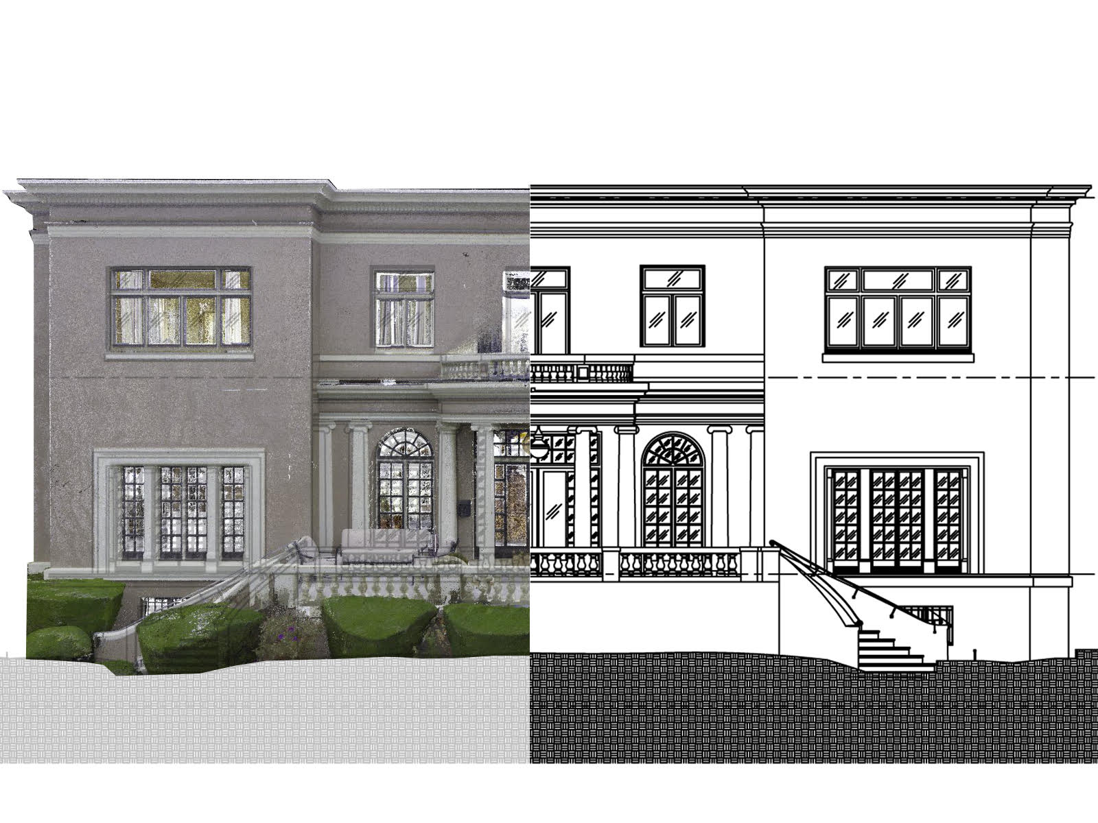 Split building image showing real exterior next to as-built drawings linework