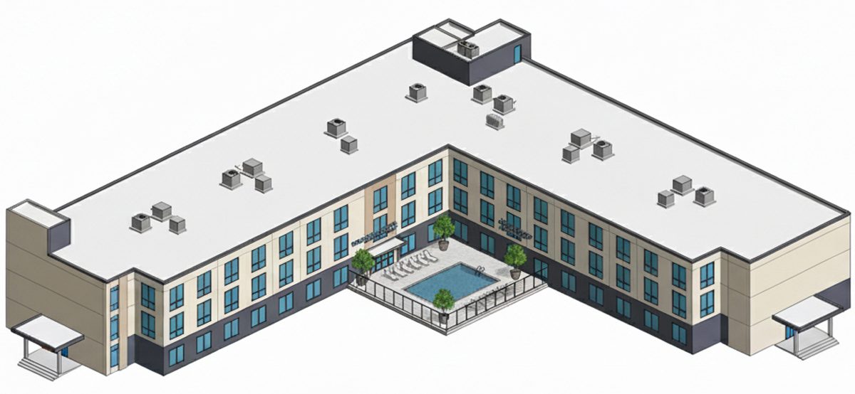 An isometric 3D architectural model rendering of a modern, multi-story L-shaped commercial building, likely a hotel or residential complex, showing the rooftop with multiple HVAC units and an interior courtyard with a swimming pool.