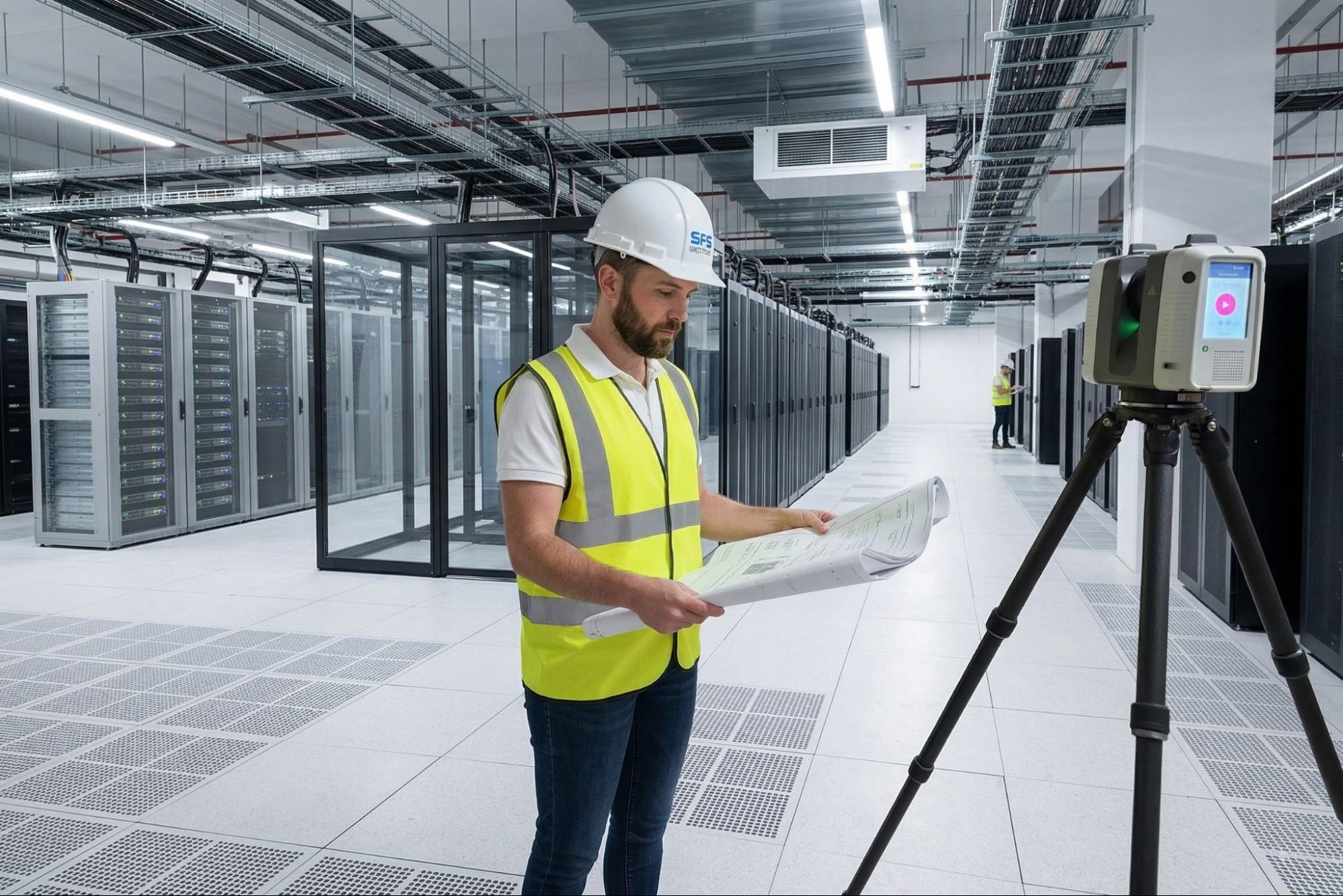 A building surveyor in a hard hat and safety vest performs a 3D laser scan in a large data center, comparing results with a printed floor plan.