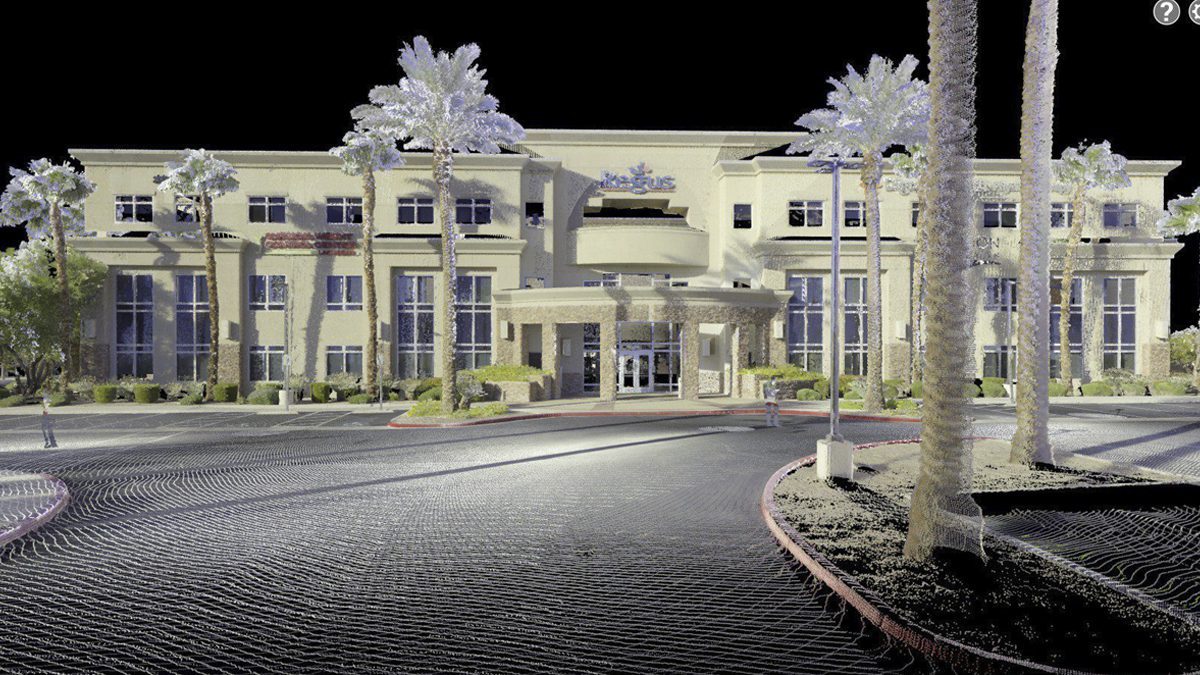 Exterior building point cloud scan showing full facade documentation from LiDAR laser scanning services