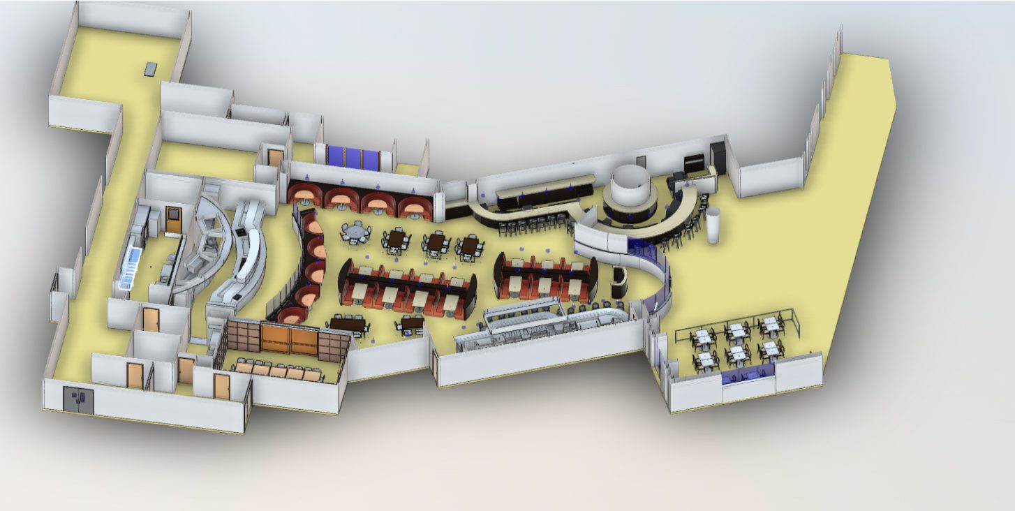 3D as-built BIM model of a commercial interior layout with rooms and work areas