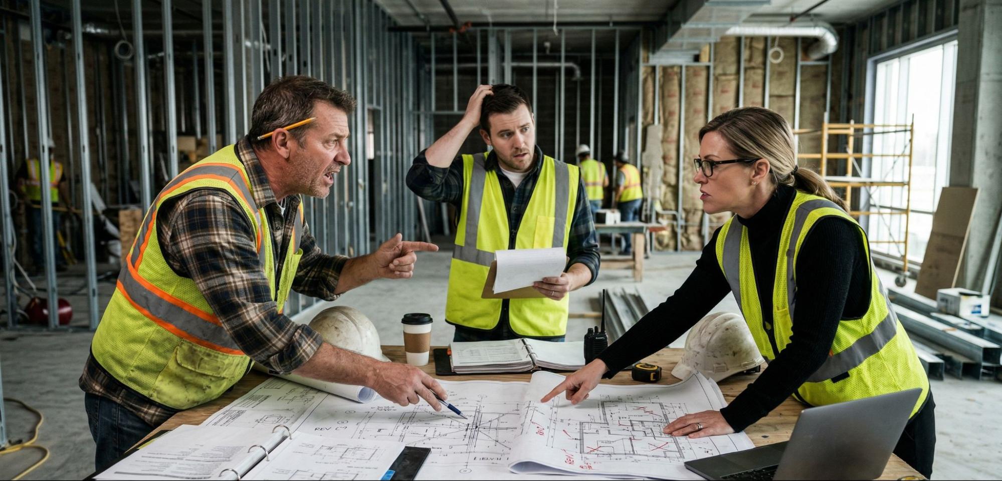 A foreman, engineer, and architect in hi-vis vests having an animated disagreement over a set of construction blueprints.