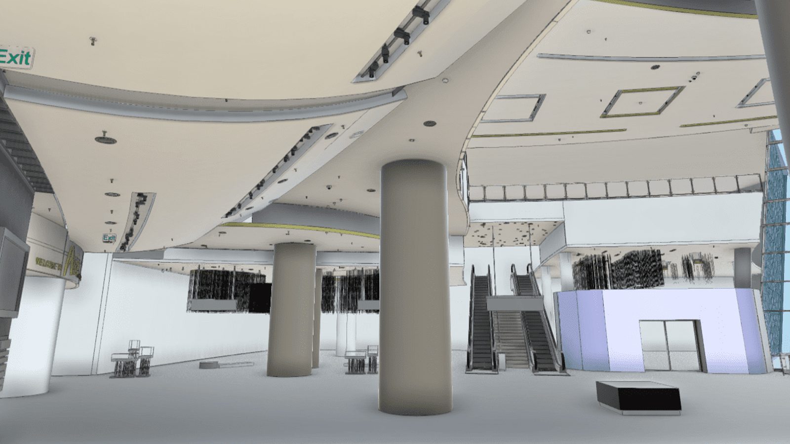 As-built 3D BIM model of Aria Hotel lobby created from LiDAR point cloud scanning for renovation planning