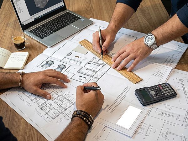 Team reviewing floor plans and scope during an as-built proposal