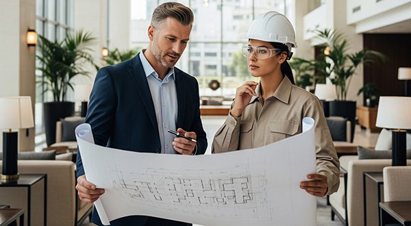 Project team reviewing blueprints before an as-built site visit