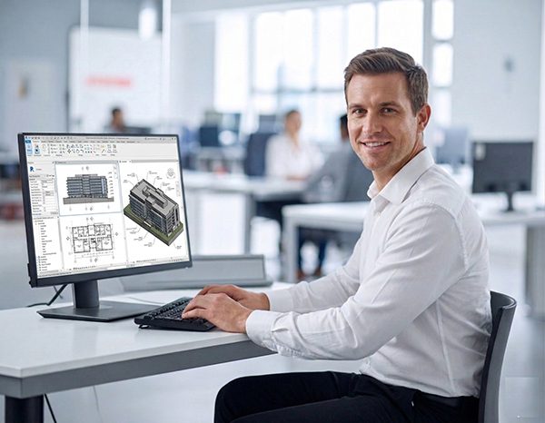 BIM technician reviewing an as-built Revit model before delivery