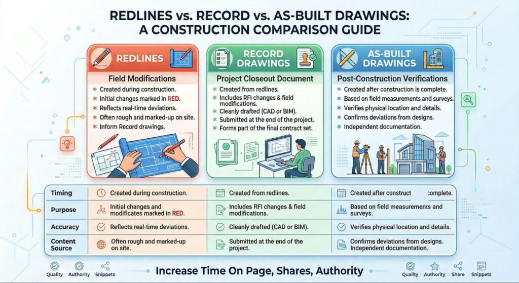 Comparison chart showing differences between redlines, record drawings, and as-built drawings