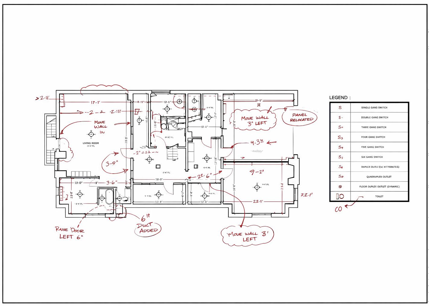 Construction redline floor plan showing hand-written field markups, relocated walls, and ductwork adjustments in red ink.