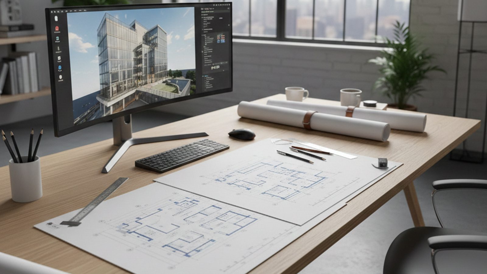 Architect reviewing as-built plans and a 3D building model on a desktop workstation