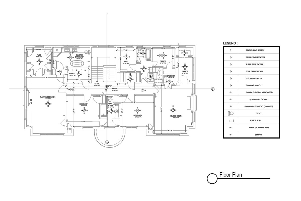 Electrical floor plan showing room layout with outlet, switch, and fixture locations
