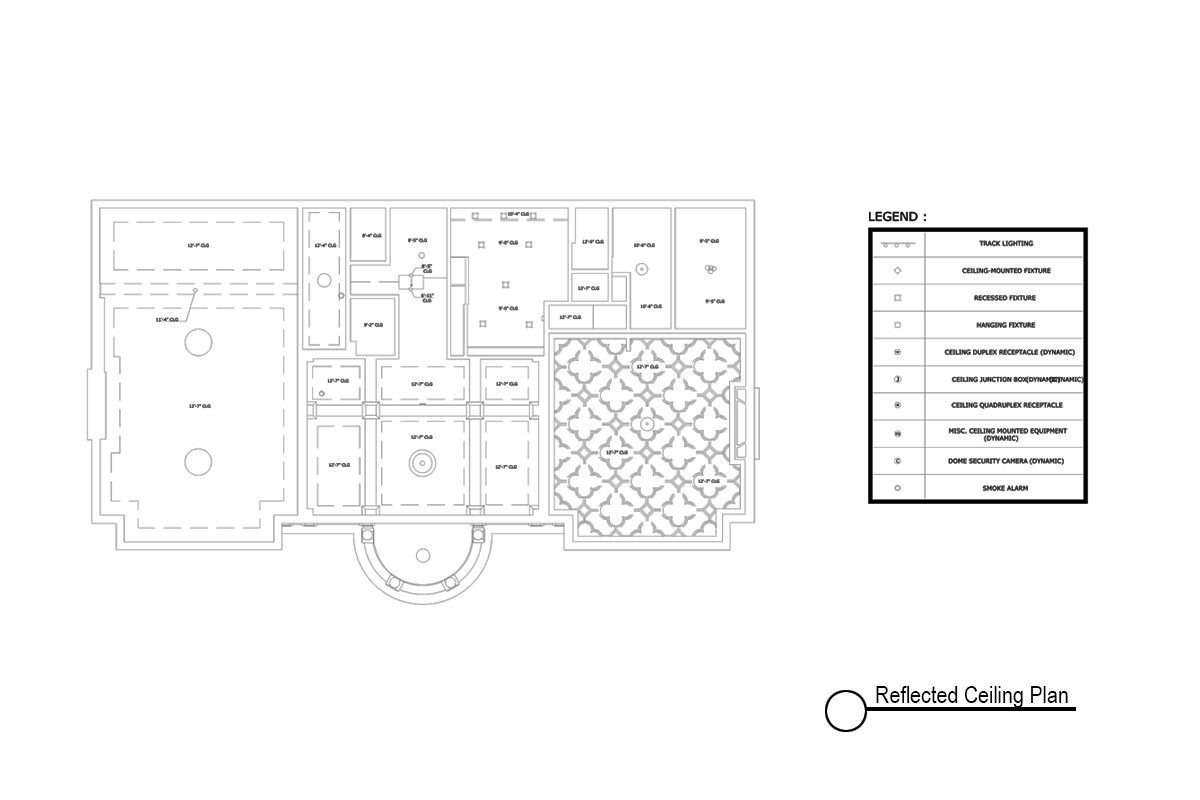 Reflected ceiling plan (RCP) showing ceiling layout, lighting fixtures, and device locations