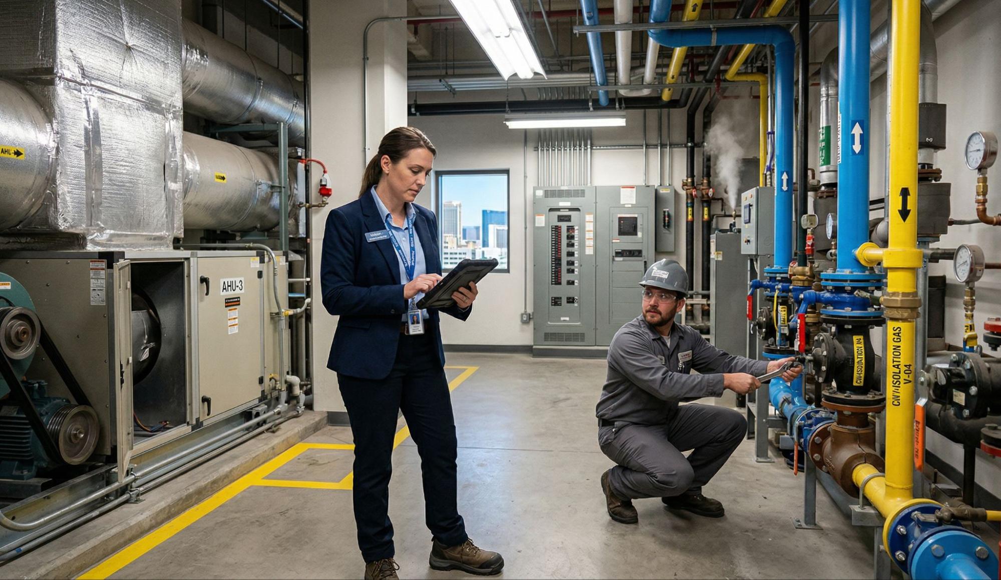 Facility manager reviewing as-built drawings on tablet while technician inspects mechanical room MEP systems for building maintenance