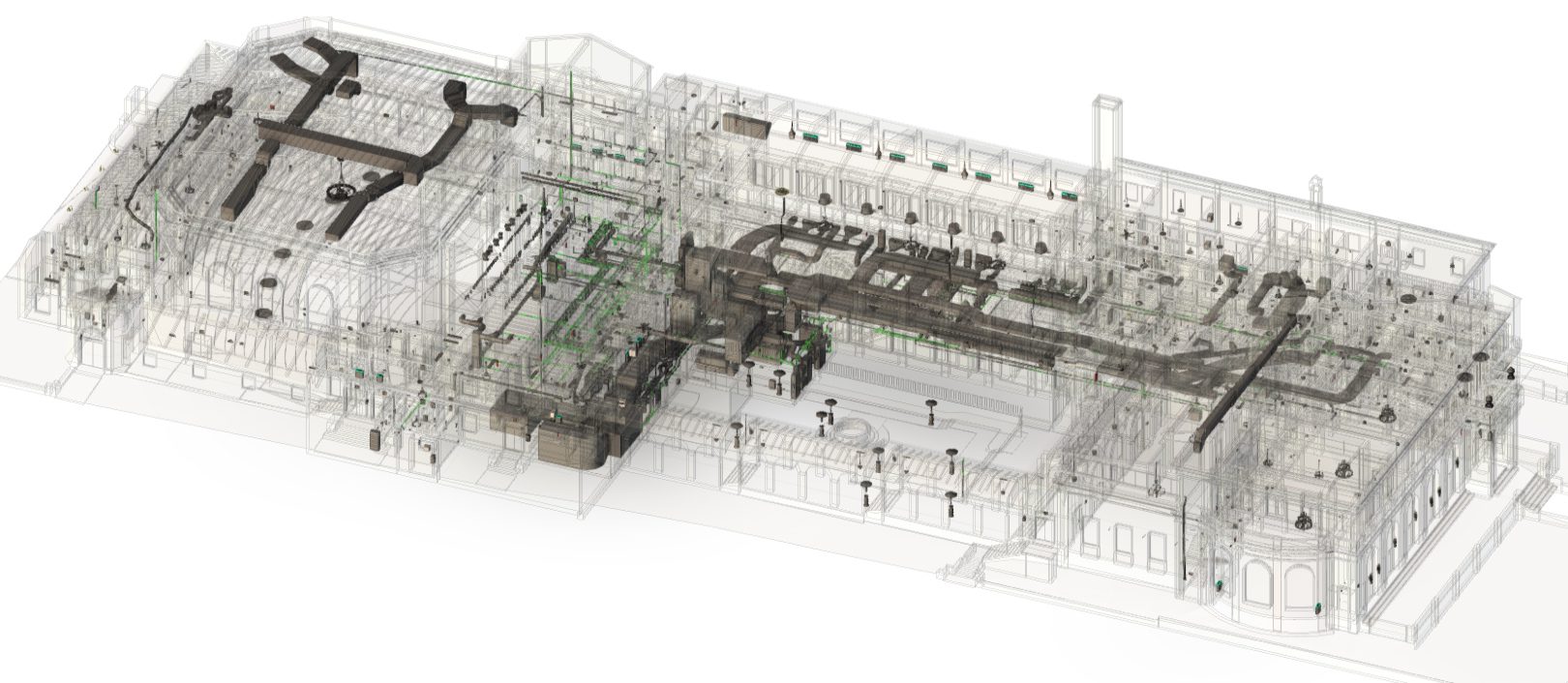 Detailed BIM model showing complete MEP systems and building structure created from construction as-built drawings for facility management