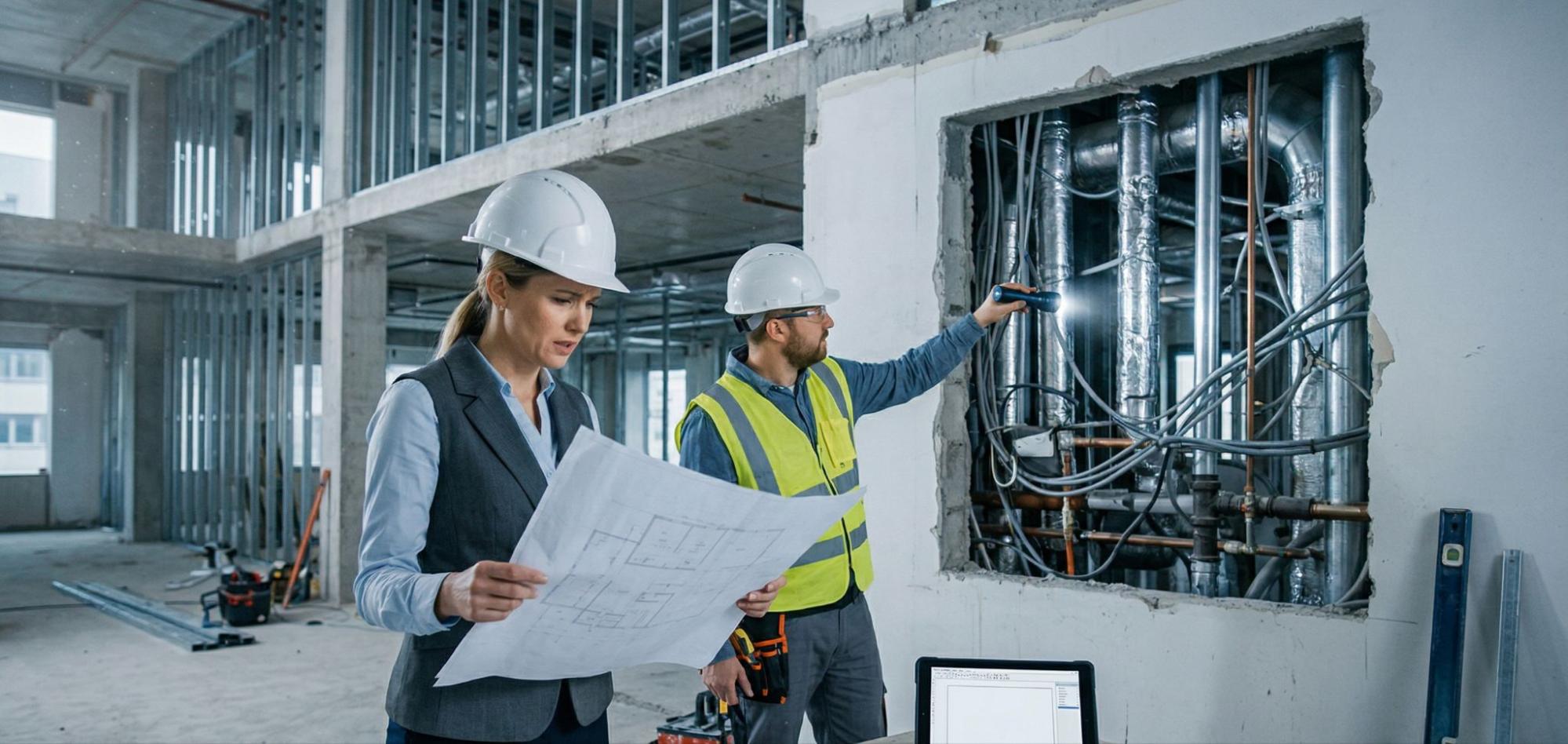 Architect and contractor reviewing construction as-built drawings while inspecting MEP systems during building renovation