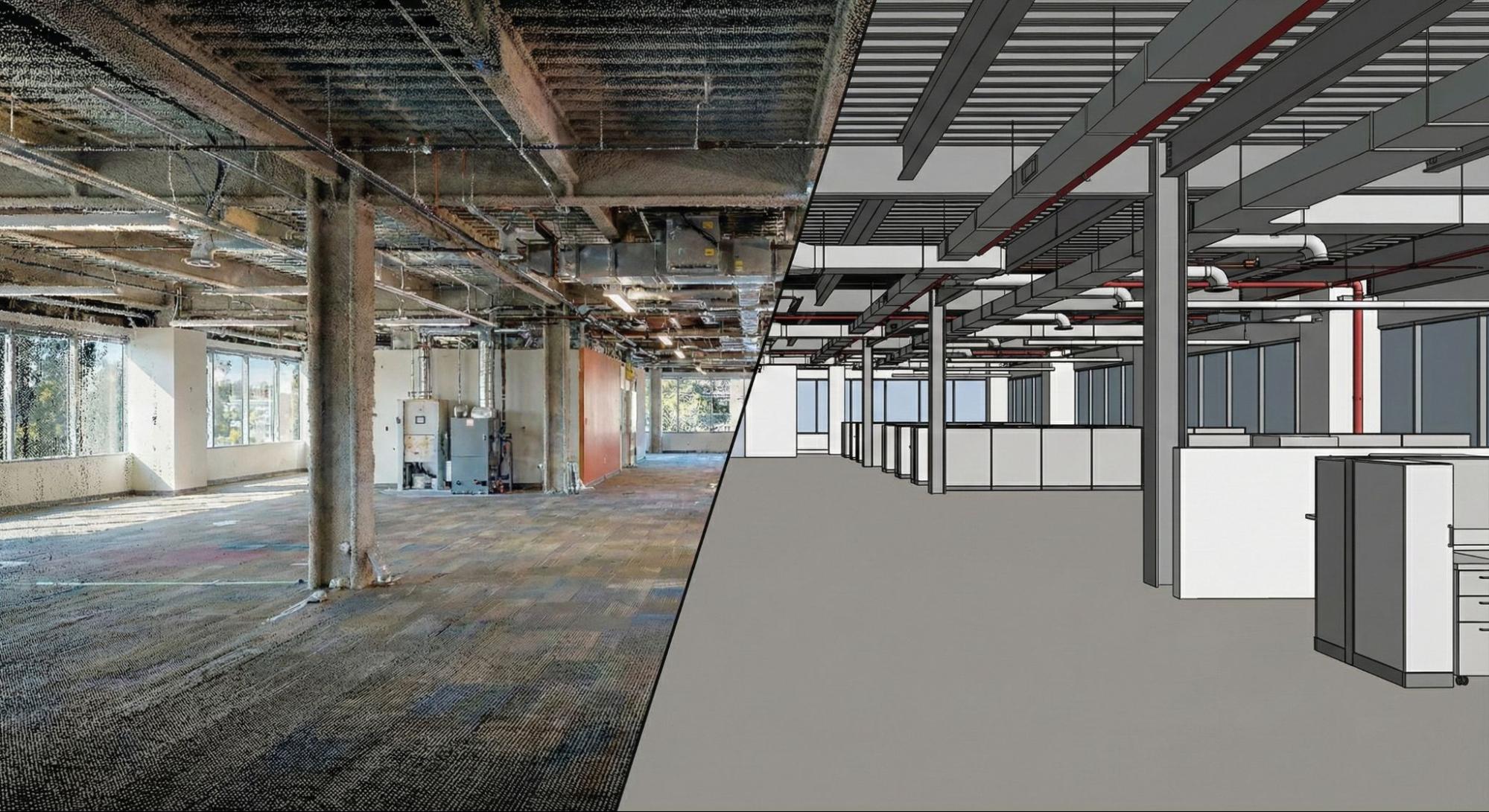Side by side comparison of point cloud scan and BIM model showing construction as-built drawings process for commercial tenant improvement renovation