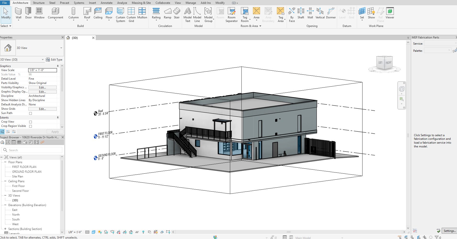Revit BIM model of commercial building created from construction as-built drawings showing floor plans elevations and 3D view
