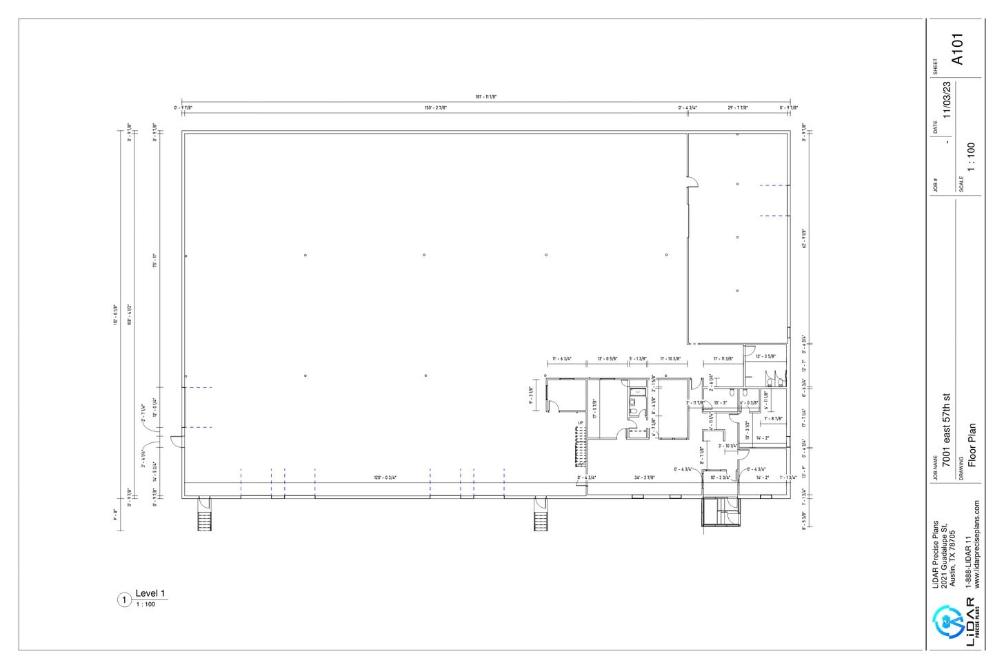 2D CAD plan of a warehouse in Austin, TX created from 3D laser scanning for accurate as-built documentation