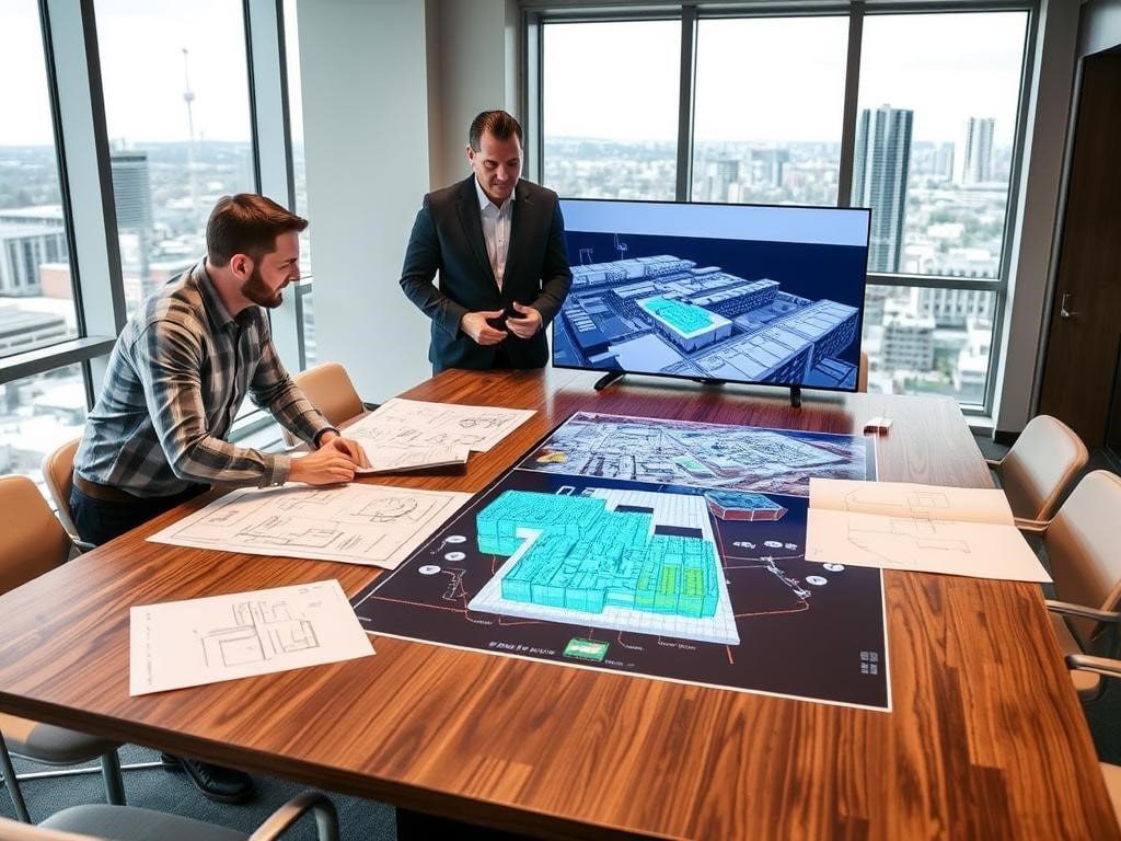 Men reviewing architectural plans for 3D laser scanning and as-built documentation.