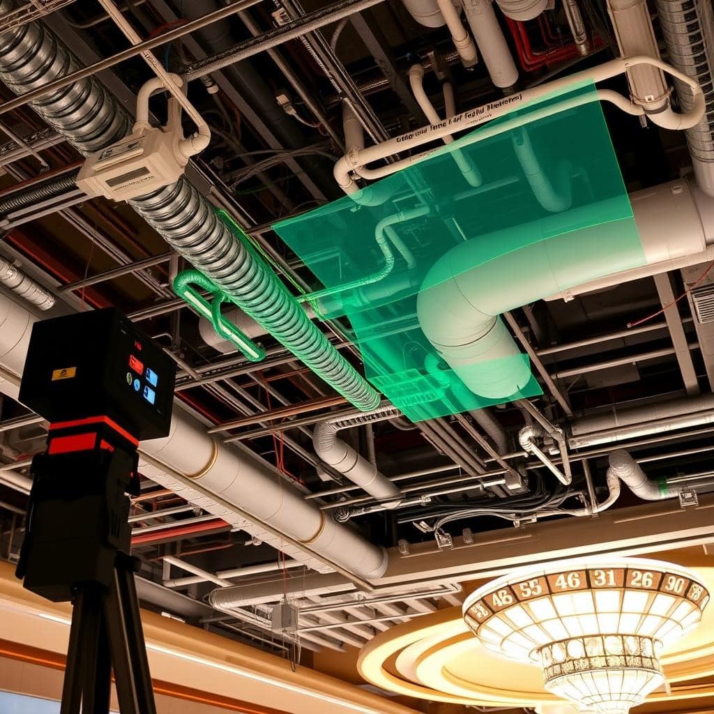 3D laser scanning MEP equipment inside a casino in Las Vegas for accurate as-built documentation and coordination.